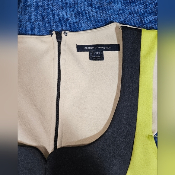 French Connection Cream Navy Blue Lime Green Dress 4 - Picture 4 of 5